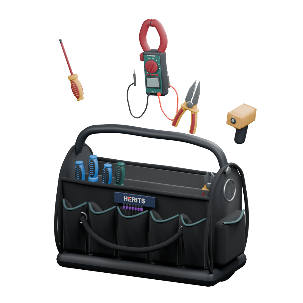 Open black Herits tool bag with screwdrivers, pliers, clamp meter and infrared thermometer suspended above it.